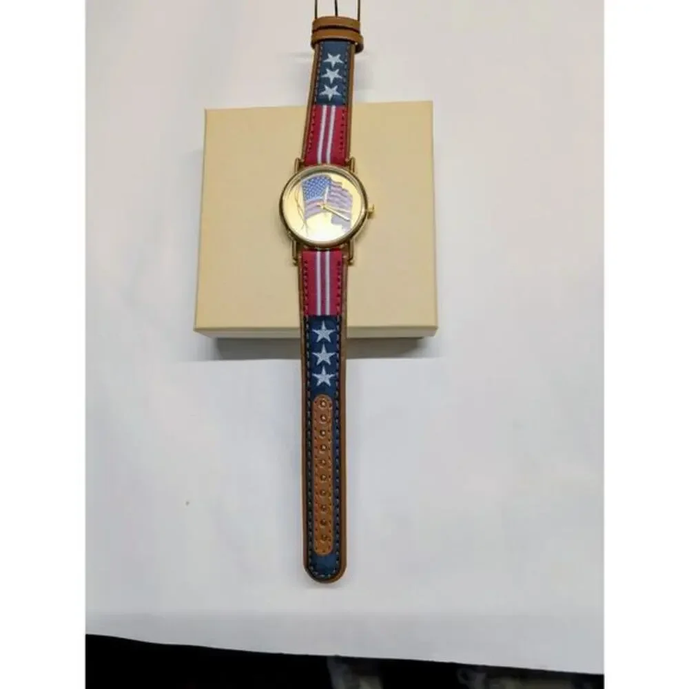 Valdawn American Flag Leather Quartz Watch NWOT Gold Tone Red White Blue Strap‎